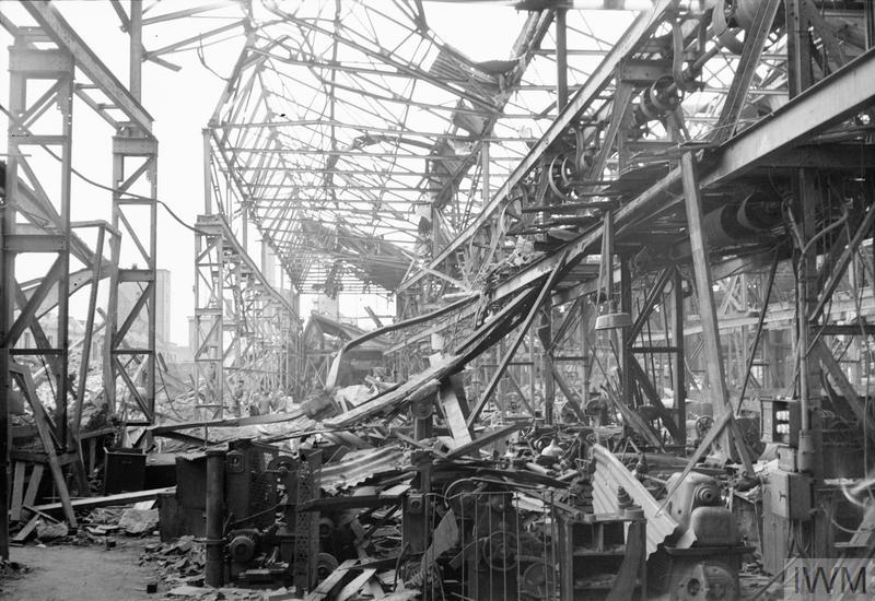 A wrecked machine shop where telescopes and torpedoes were made, at the Krupp-Grusonwerk AG in Magdeburg, Germany, following the attack on the night of 16/17 January 1945. © IWM (CL 2855)