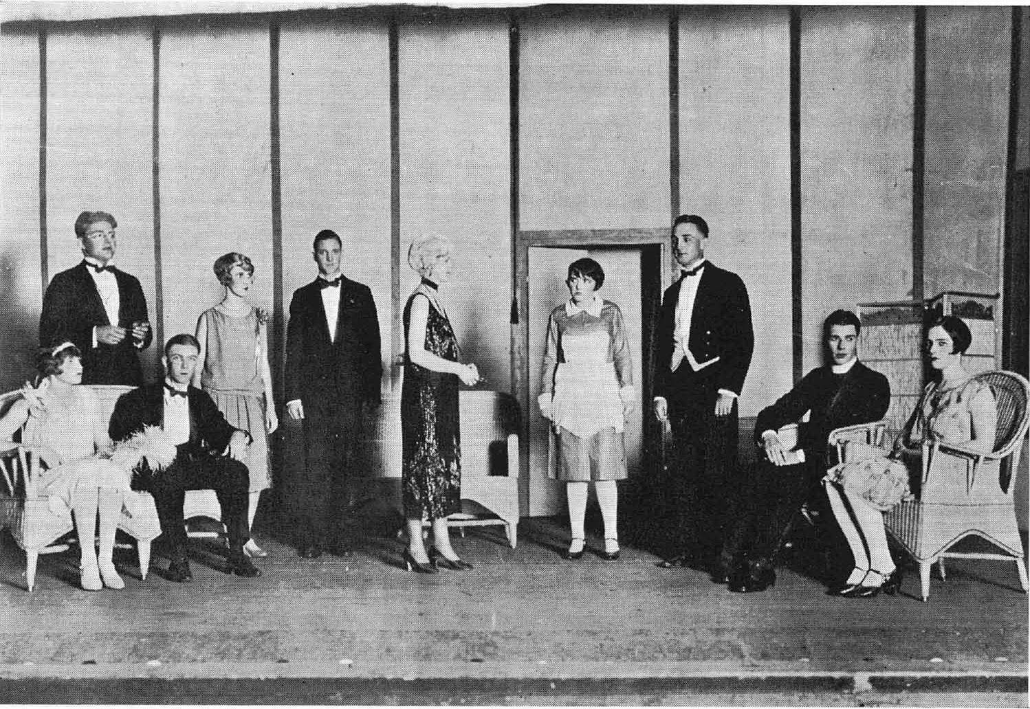 Grete Gluud (forth from right) as Jane, a maid, in the play <i>The Admirable Crichton</i> presented at the New Princess Theatre on 4 and 5 March 1927 and at Schofield on 17 and 18 March 1927. The photo is reproduced from university yearbook, the Ka Palapala 1927.