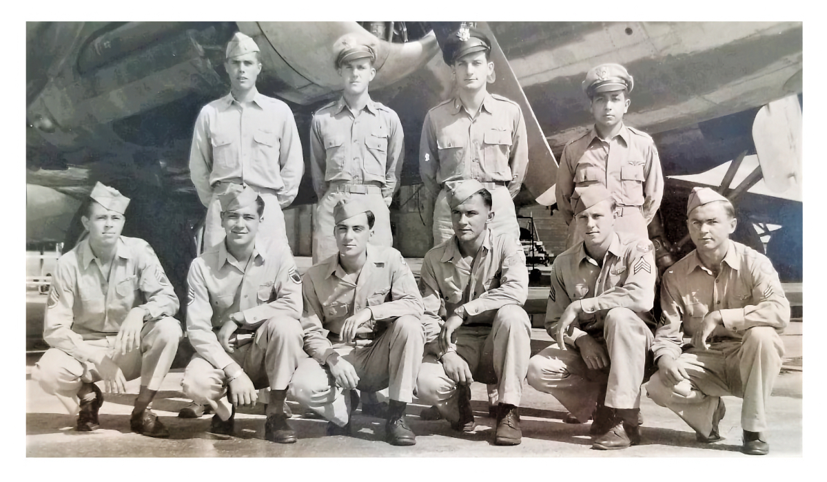 The original Towner crew of 322nd BS were (back row, left to right): Lt Francis Towner (pilot); Lt James Fink (co-pilot); Lt Harold Lasch (navigator); Lt Modesto Olivio (bombardier) and (front row, left to right): S/Sgt Henry Schulz (radio operator); S/Sgt John Cangemi (top turret gunner and engineer); Sgt Anthony Tacinelli: (ball turret and assistant radio operator); Sgt Joseph Polinski (right waist gunner and assistant engineer); Sgt Lawrence Schenk (tail gunner); Sgt Borge Kellstrom (left waist gunner). (American Air Museum in Britain, UPL 52343.