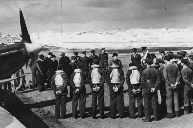 Danish representatives and pilots at the ceremony at RAF Station Coltishall, 10 April 1942.