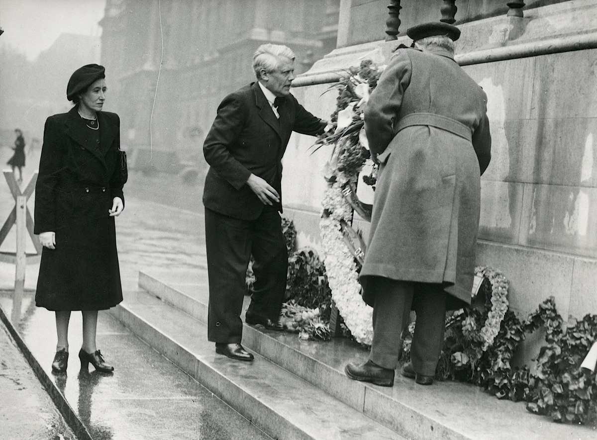 Christmas Møller laying a wreath for Danish fallen in Allied service at the Cenotaph in London on 5 May 1945. He is accompanied by his wife, Gertrud, and the head on the Recruitment Office, Danish nationals Fg Off. Ernst Schalburg. Christmas Møller’s son, Lt. John ‘Little John’ Christmas Møller, Grenadier Guards, killed in Germany on 9 April 1945 was one of the fallen (Museum of Danish Resistance).