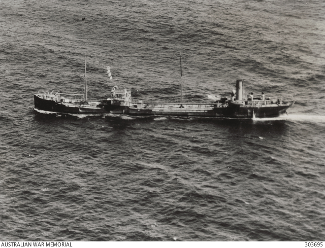 Aerial port quarter view of the Greek tanker SS Nicolaou Maria, which Hansen sailed on from May 1941 to January 1942 (Australian War Memorial)