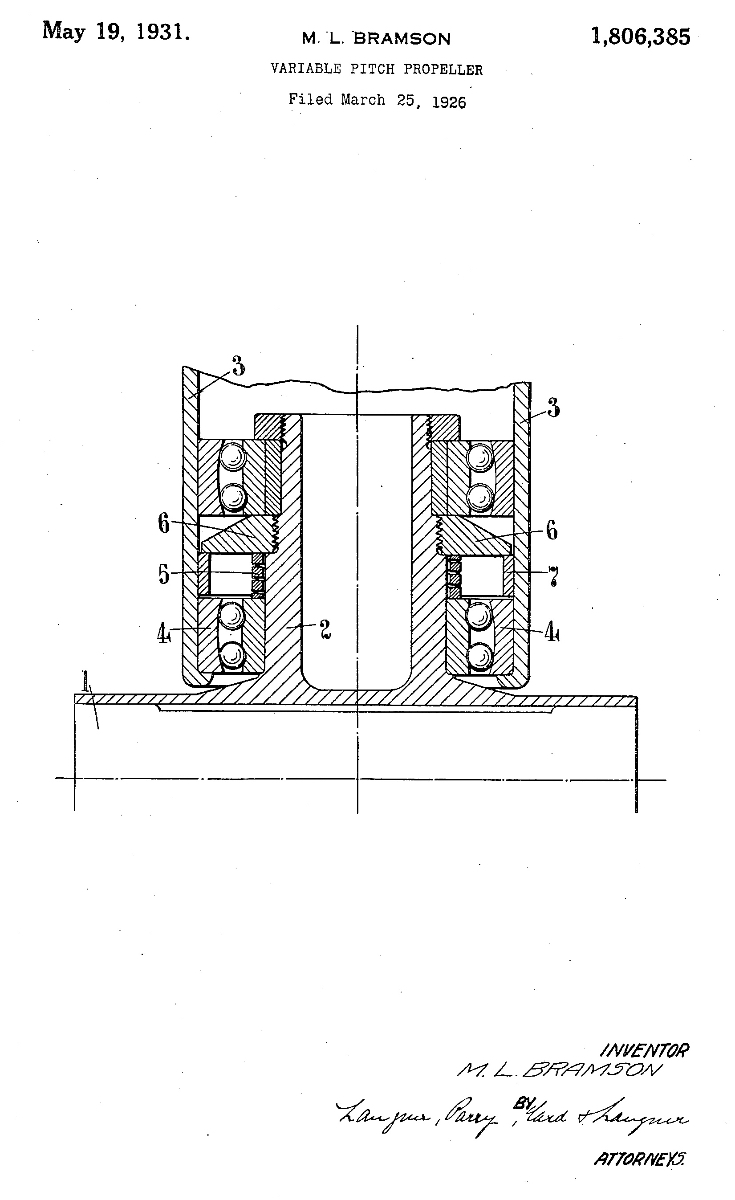 Illustration for Bramson’s application for a patent on a variable pitch propeller filed Application filed on 25 March 1926 in the United States (Serial No. 97,391) and in Great Britain on 30 March 1925.