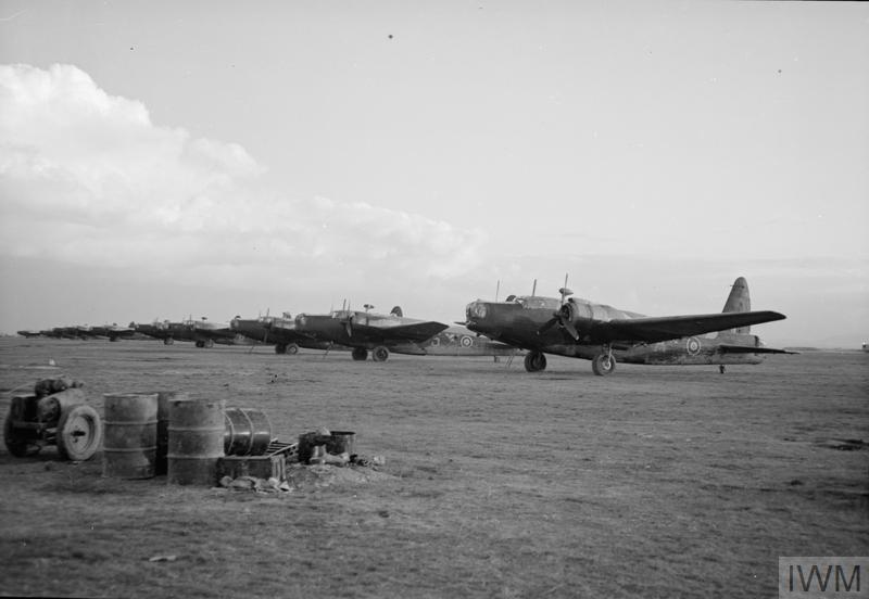 Line of Vickers Wellington Mark IIIs and Mark Xs, possibly No. 40 Squadron RAF at Foggia Main, Italy.