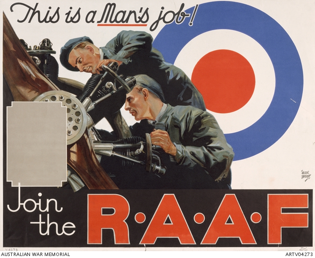 Australian Second World War recruitment poster by Walter Jardine for the RAAF showing ground crew working on aircraft engine (AWM ARTV04273).