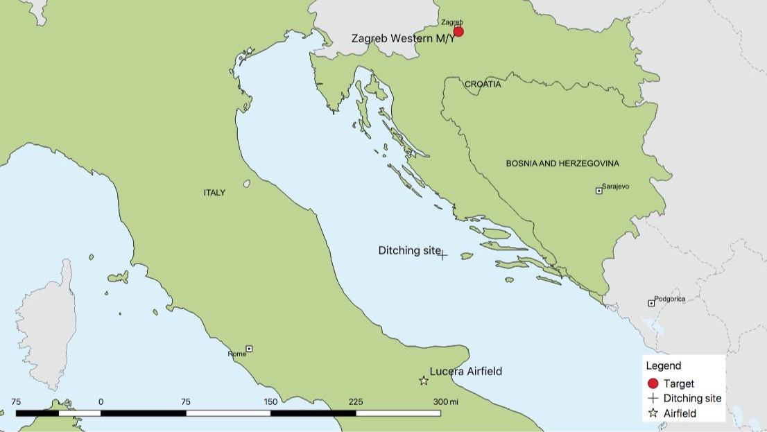 Sgt Møller's last operation was an attack on the Western Marshalling Yards at Zagreb. The crew operated from Lucera Airfield near Foggia. The aircraft ditched near the island of Sveti Andrija © Mikkel Plannthin.